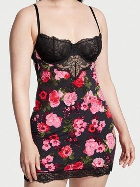 Victoria's Secret Black Red Floral Lace Slip Mini Nightgown Lingerie Size XL
